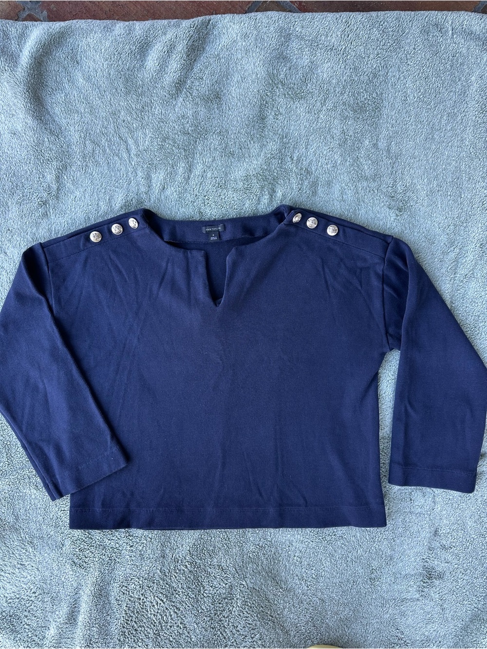 Ann Taylor Navy Button-Shoulder Knit Top